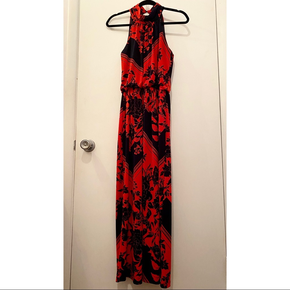 Navy blue + red maxi dress